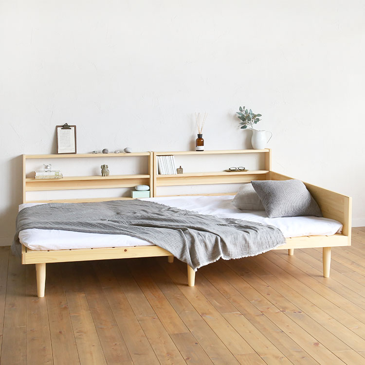 ２台横付けして、壁面収納としても ベッドF ヘッドボードシェルフ ひのき ベッド シンプル 木製